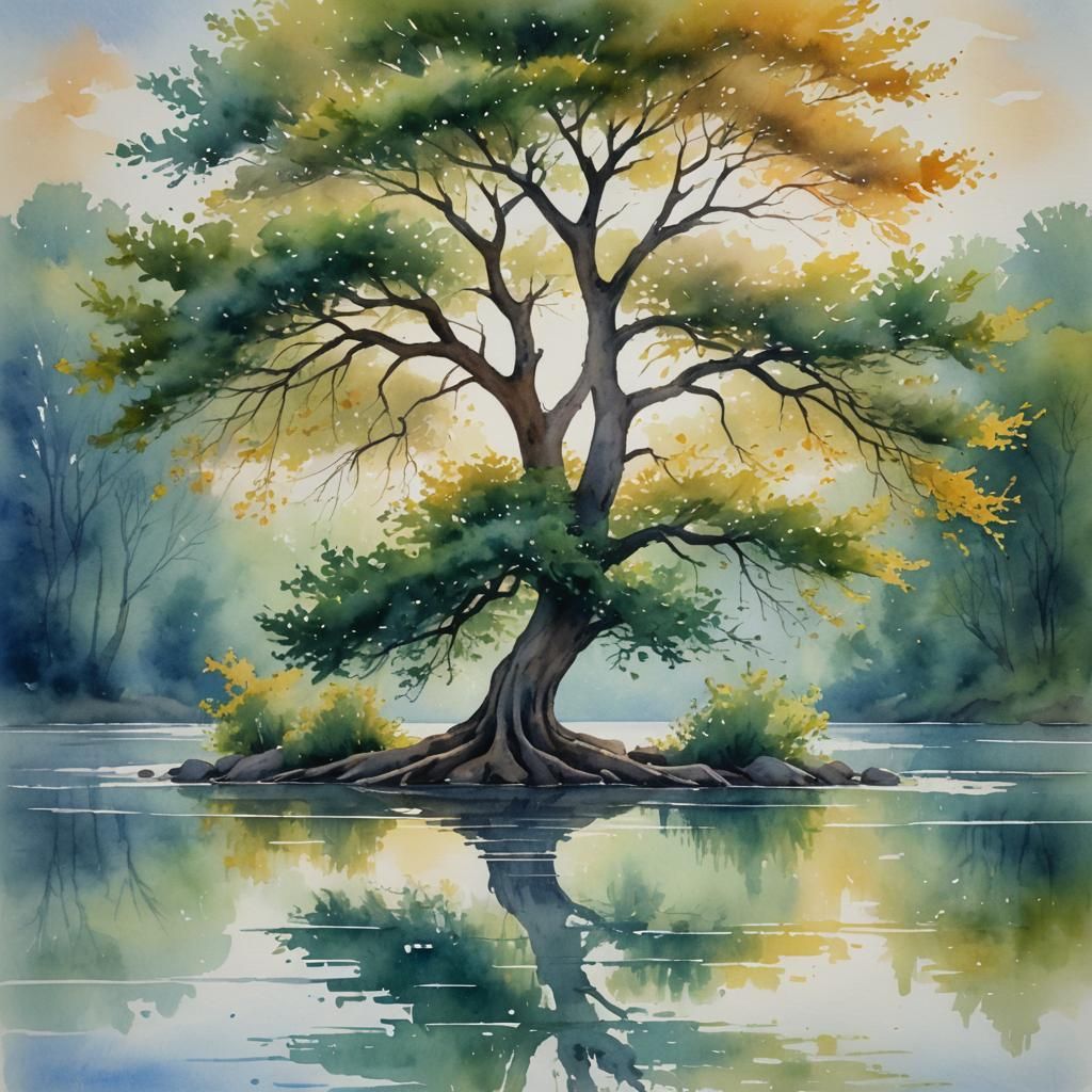 Majestic Tree by Lake in Watercolour Landscape