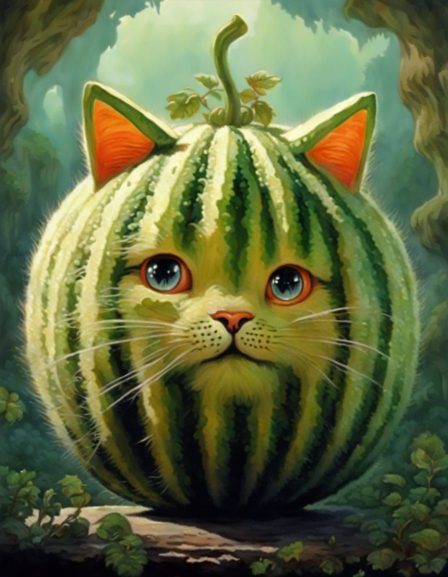 Whimsical Melon with Playful Feline Features