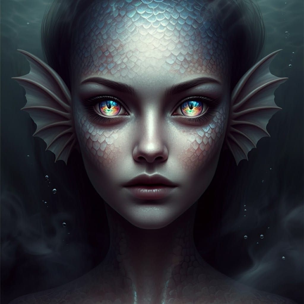 Eerie Portrait: Woman with Iridescent Fish Eyes