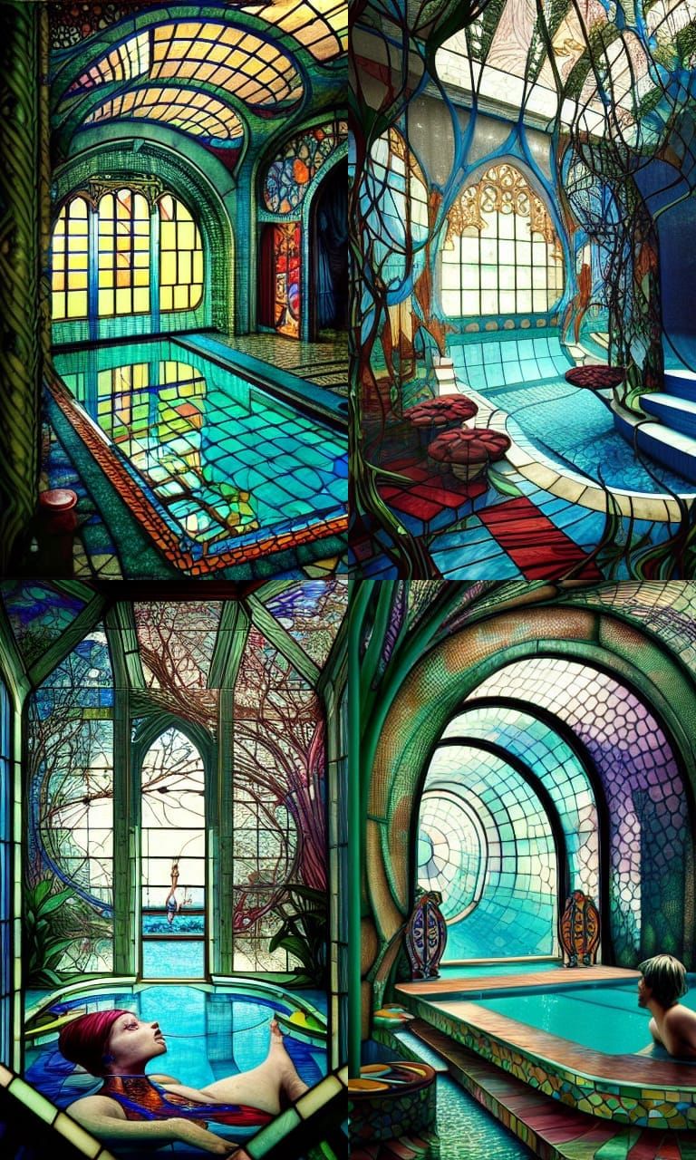 Stained Glass Swimming Pool Interior, Hyperrealistic Digital...