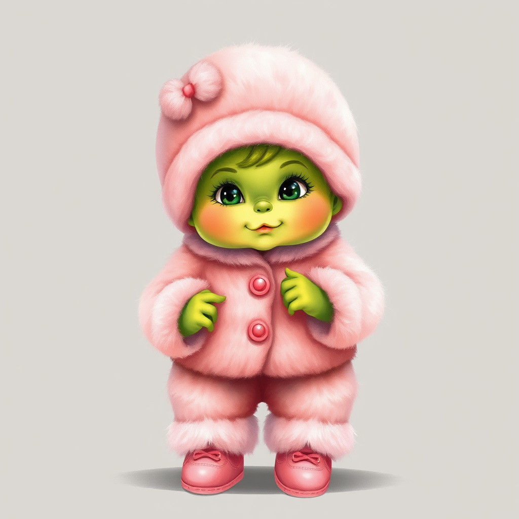 Grinch-like Baby Girl in Pink, Watercolor Illustration