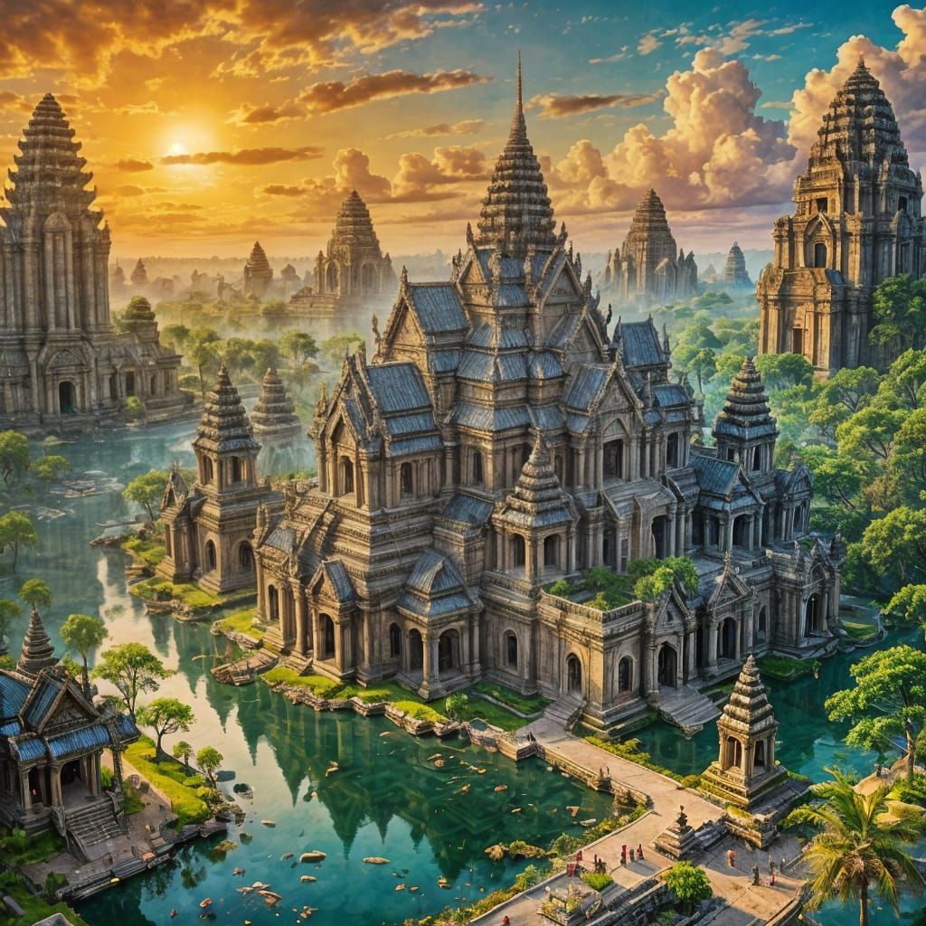Breathtaking Khmer Empire Settlement in Eastern Ink Style
