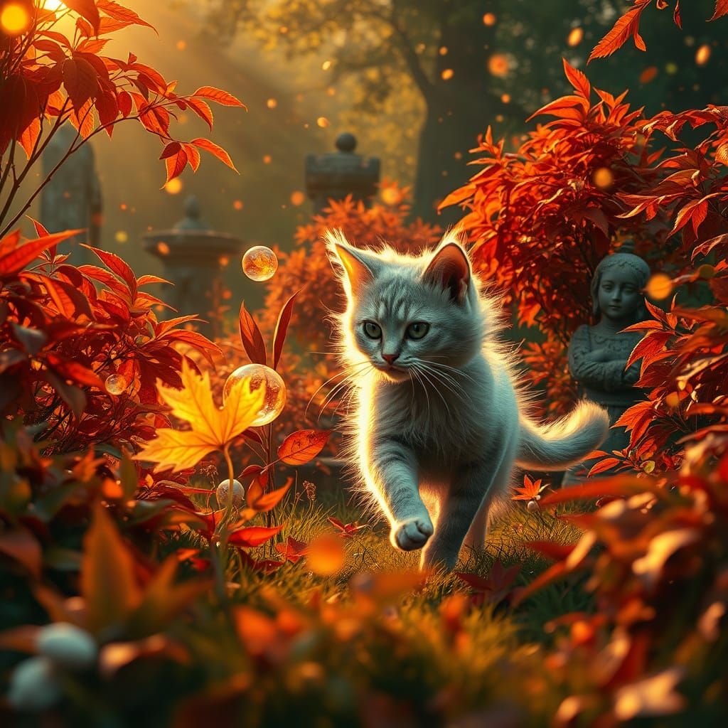 Silver Cat Chasing Glowing Orbs in Enchanted Garden