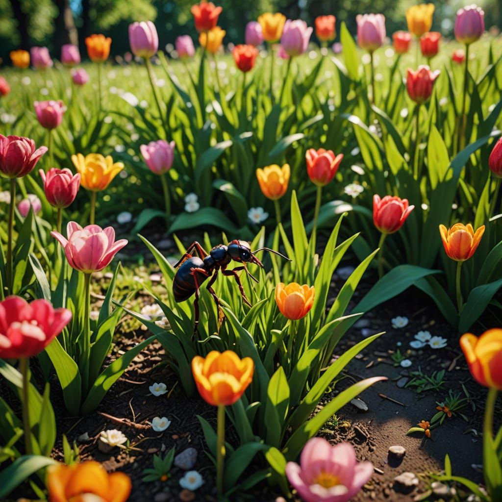Tiny Ant in a Lush Garden