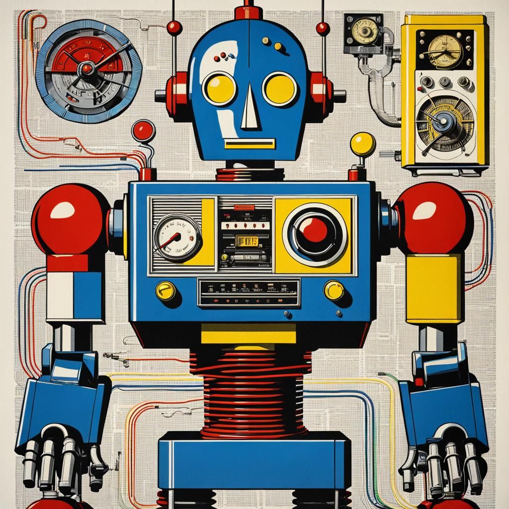 Retro Robot Advertising Graphic in Pop Art Style
