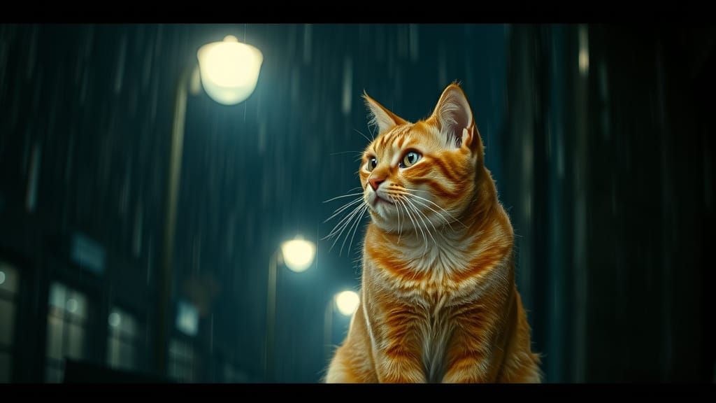 Ginger Cat Under Streetlamp in Rainy Night