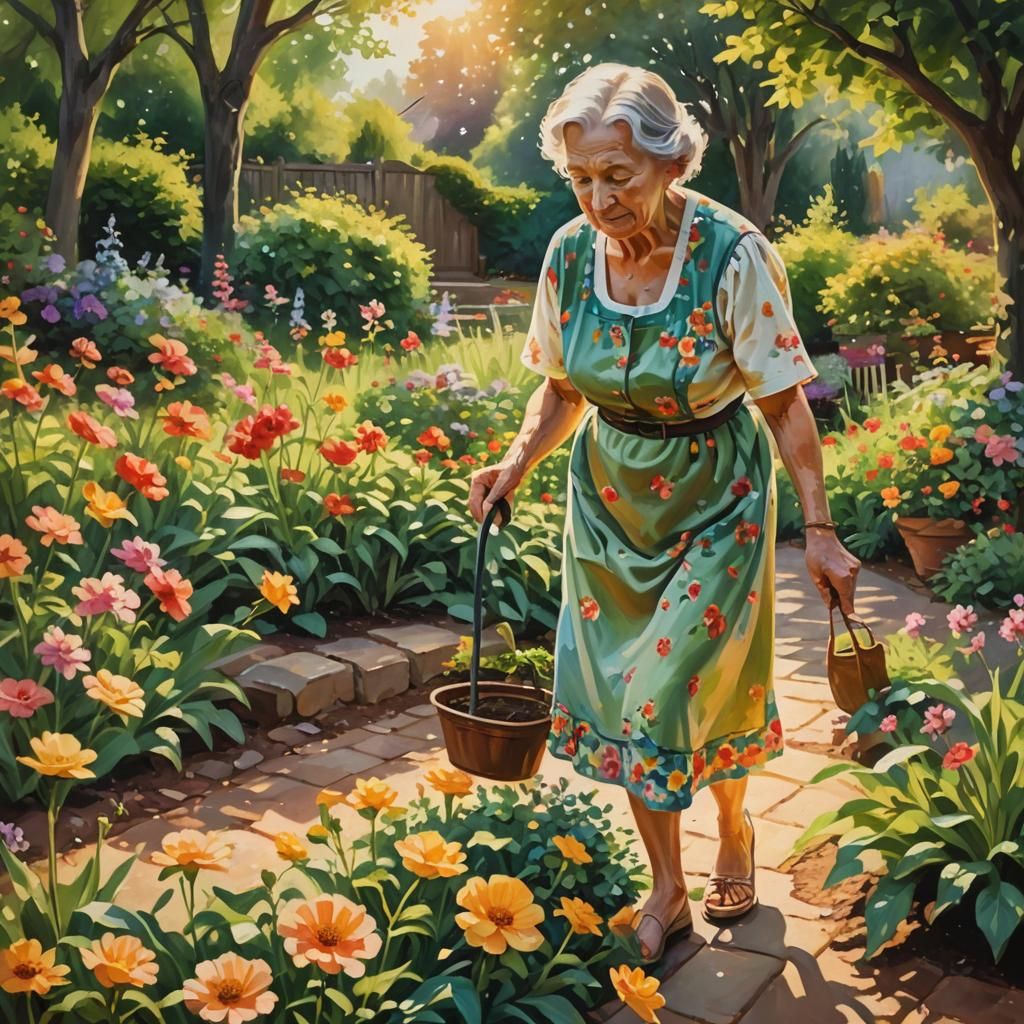 Elderly Woman in Garden: Impressionist Painting at Golden Ho...