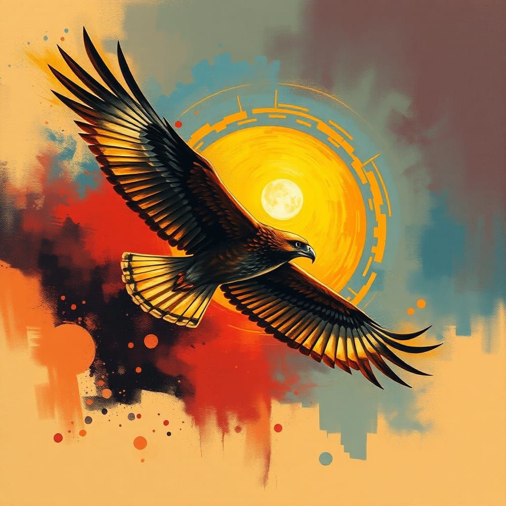 Hawk Flying into Abstract Sunset