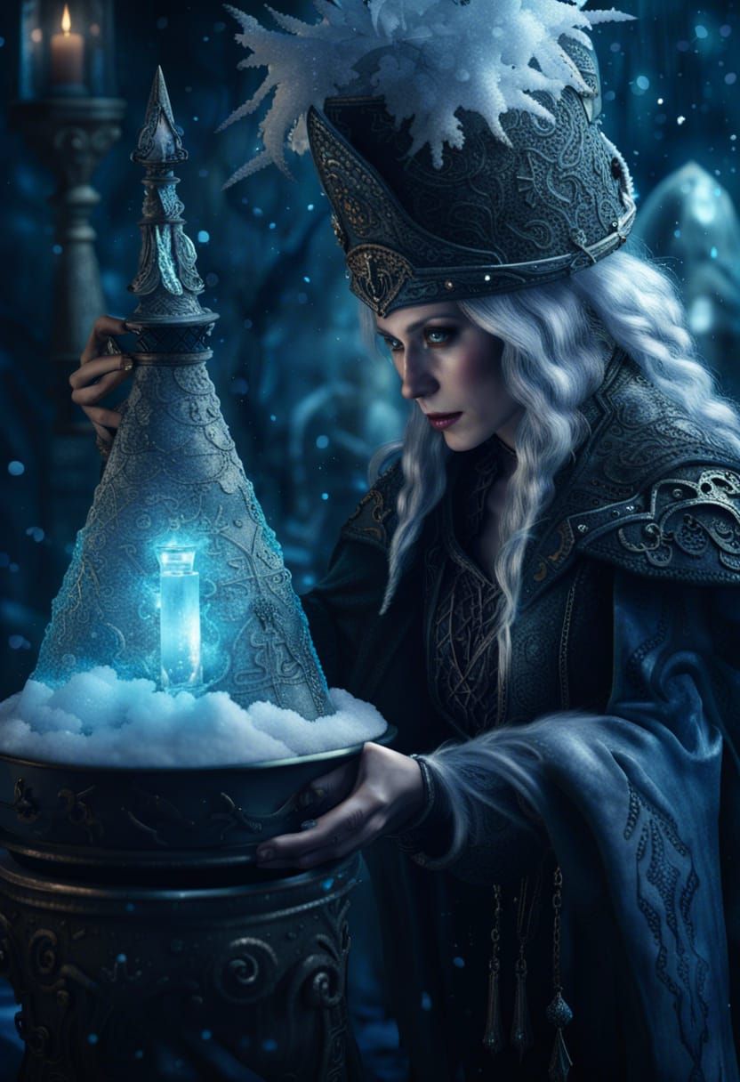 Ice Witch Performing Snow Magic in Frozen Apothecary