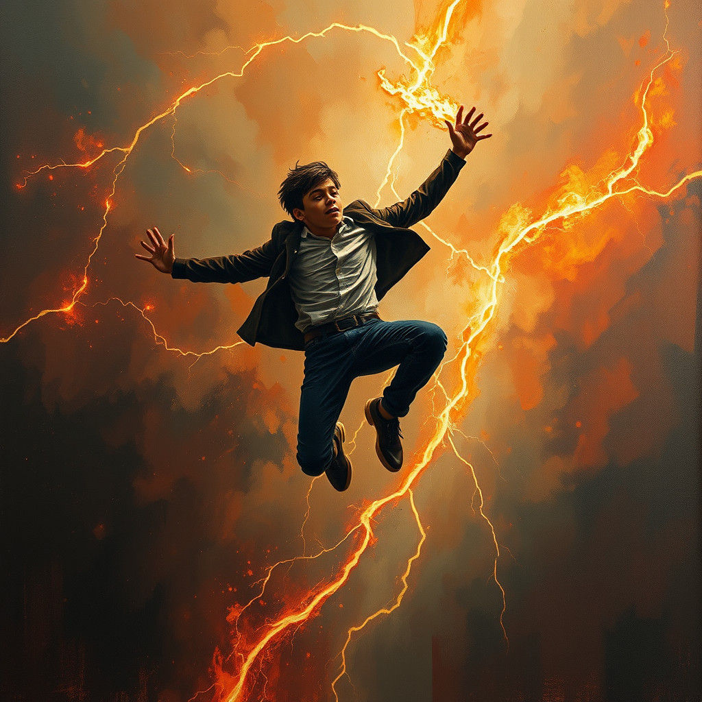 Surreal Young Man Leaping in Fiery Storm