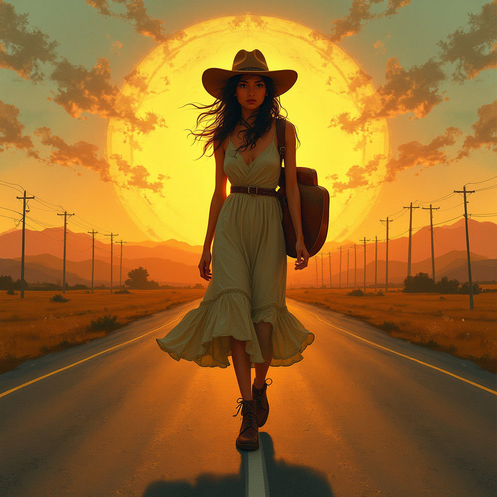 Woman on Highway at Sunset in Emotive Portrait Style