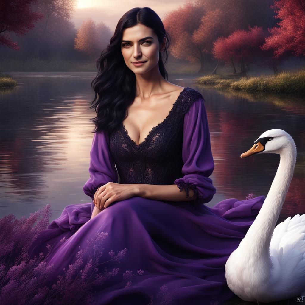 Tuba Buyukustun in Purple Dress Next to Swan