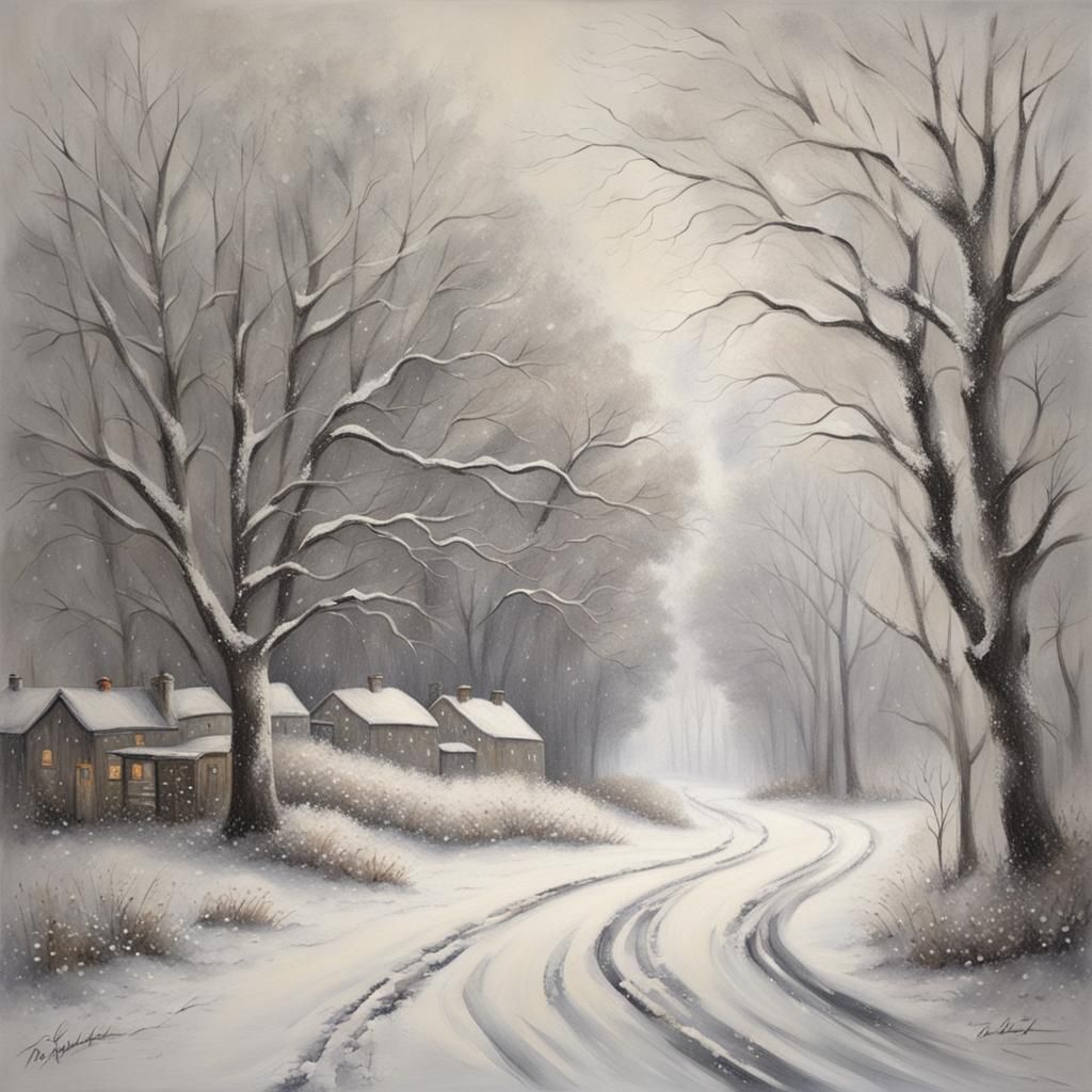 Snowy Country Lane in Soft Pencil Shades