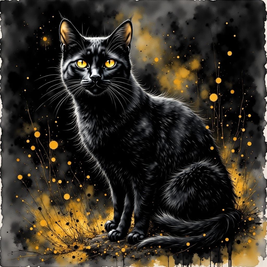 Golden Cat in Watercolor Fantasy Landscape