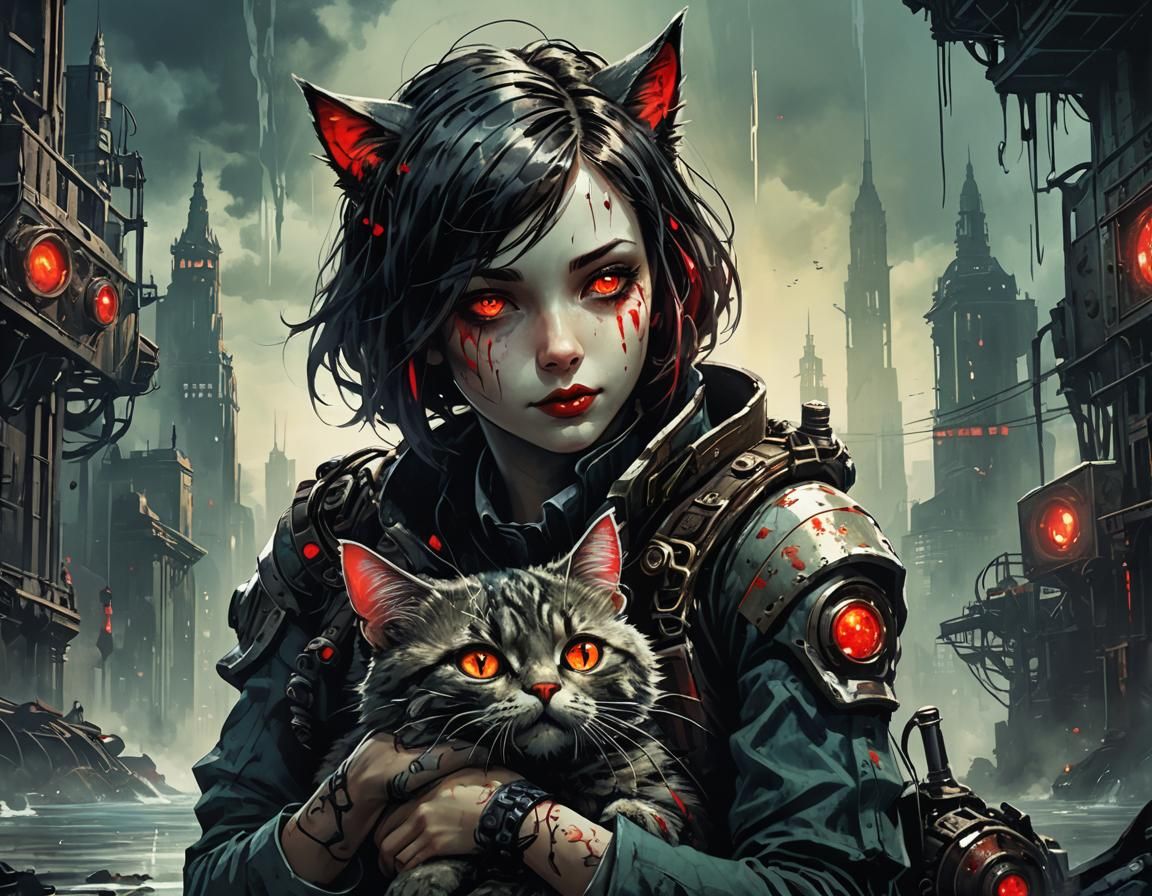 Gritty Futuristic Girl Hugs Cyberpunk Cat in Dystopian Lands...