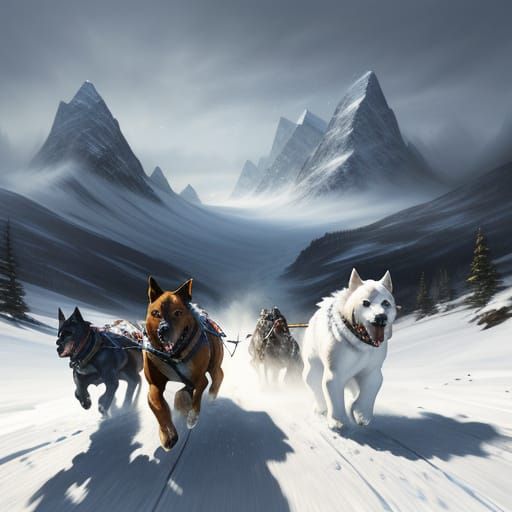 Dogs Pulling Sled Through Snowy Arctic Landscape