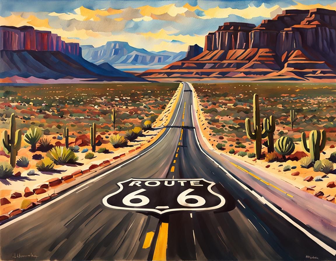 Route 66 Desert Highway in Gouache Style