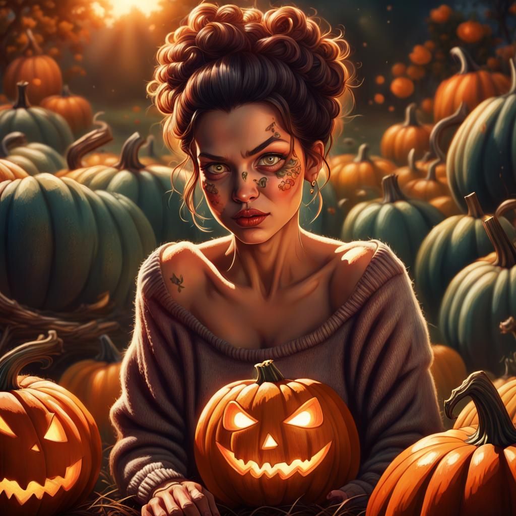 Pumpkin Carver with Sinister Expression in Colored Pencil St...