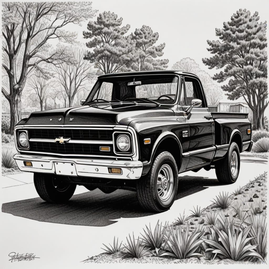 Pen and ink line drawing, 1969 Chevrolet C10.