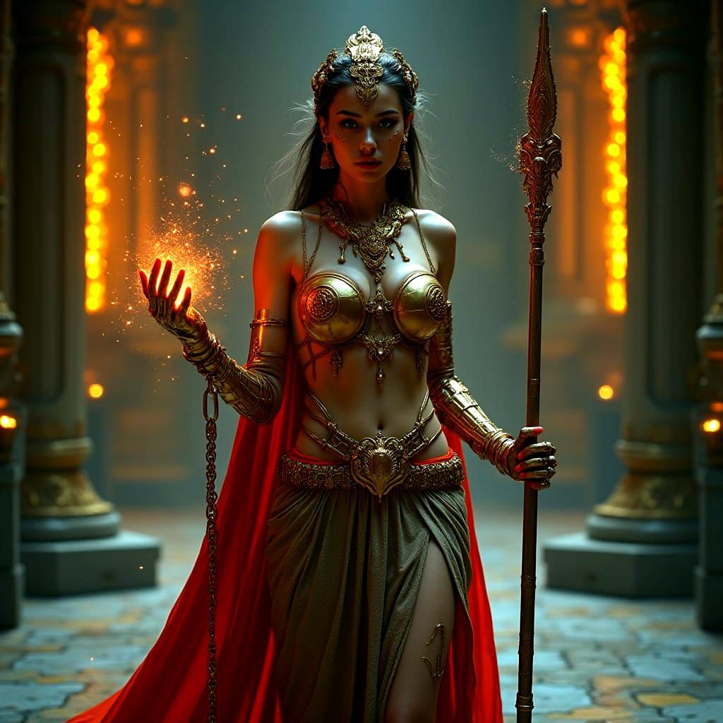 Cybernetic Queen in Ancient Temple with Metallic Accents