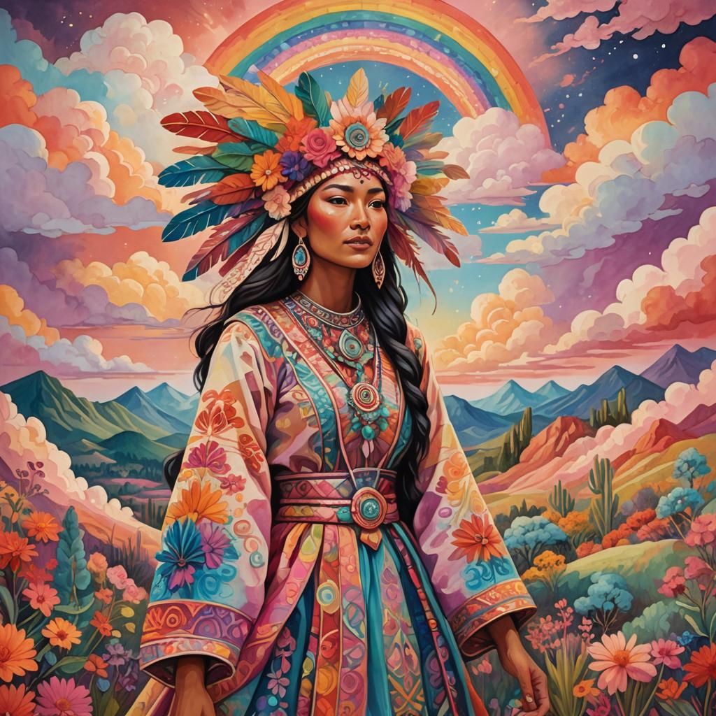 Dreamlike Gouache Fantasy Landscape with Woman in Headdress