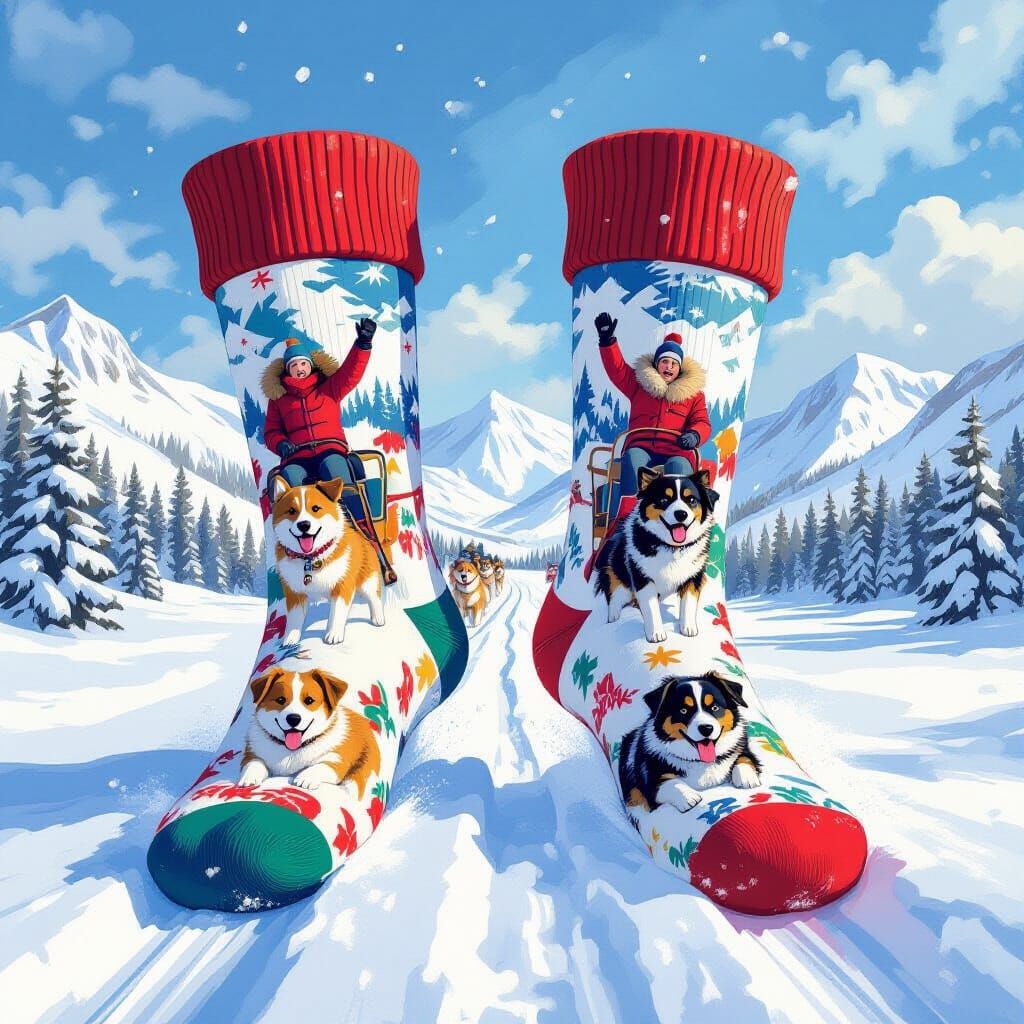 Giant Socks Sled Race on Snow, Illustrated Style