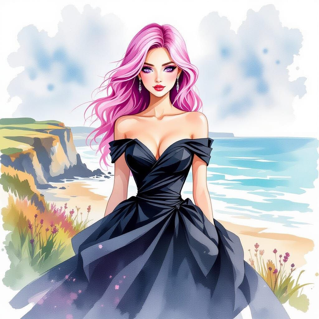 Woman on Cliff in Watercolor Alcohol Ink Style