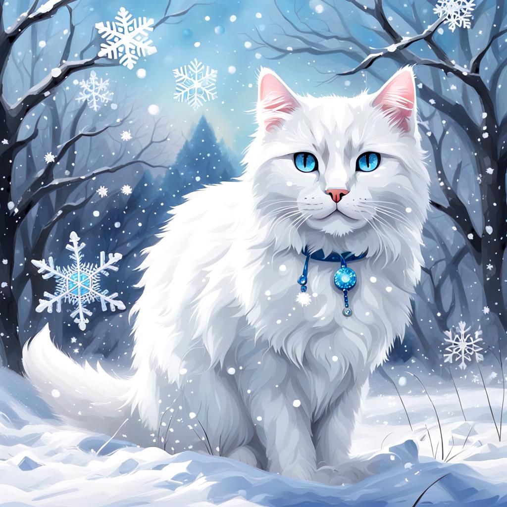 White Cat's Snowflake Magic in Winter Landscape