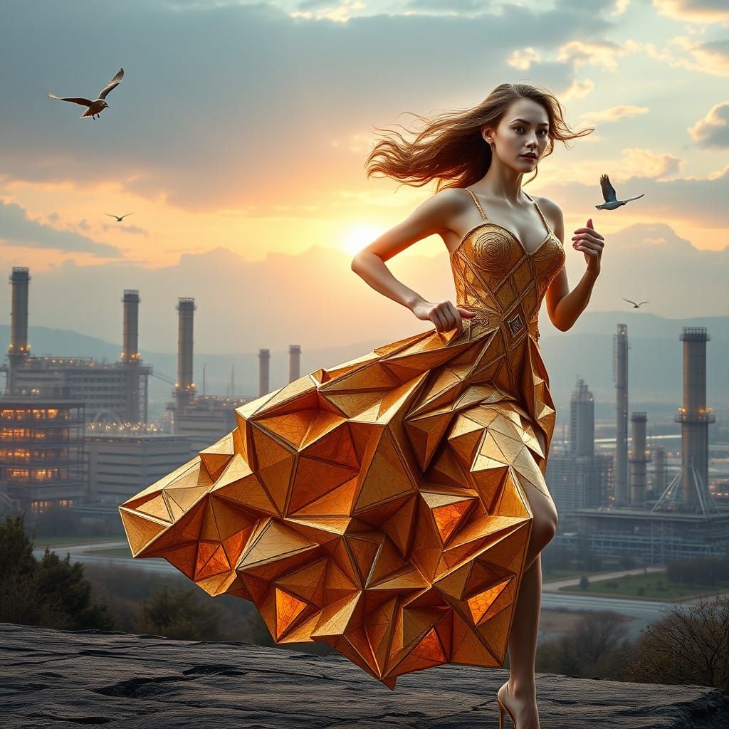 Epic Constructivist Digital Painting of a Running Woman in a...