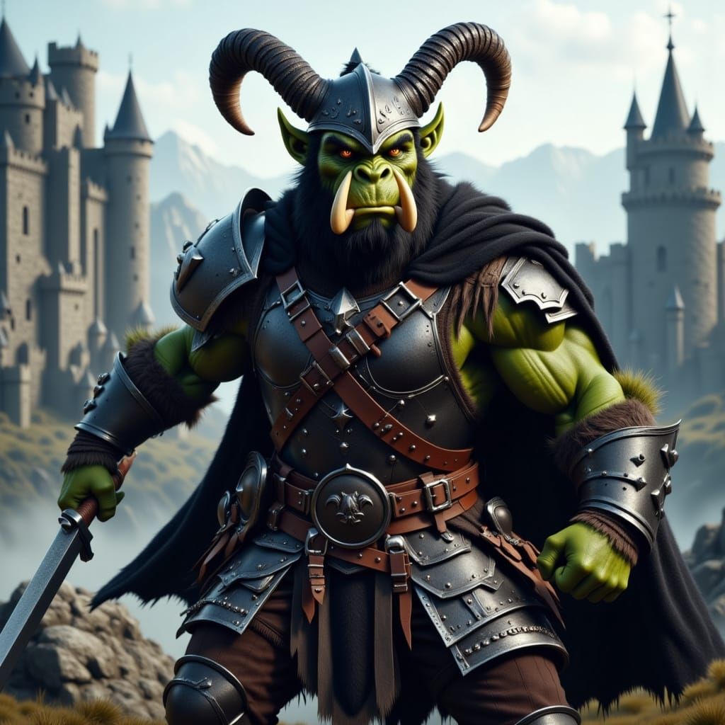 Cyberpunk-Style Orc Warlord Standing Outside Mountain Castle