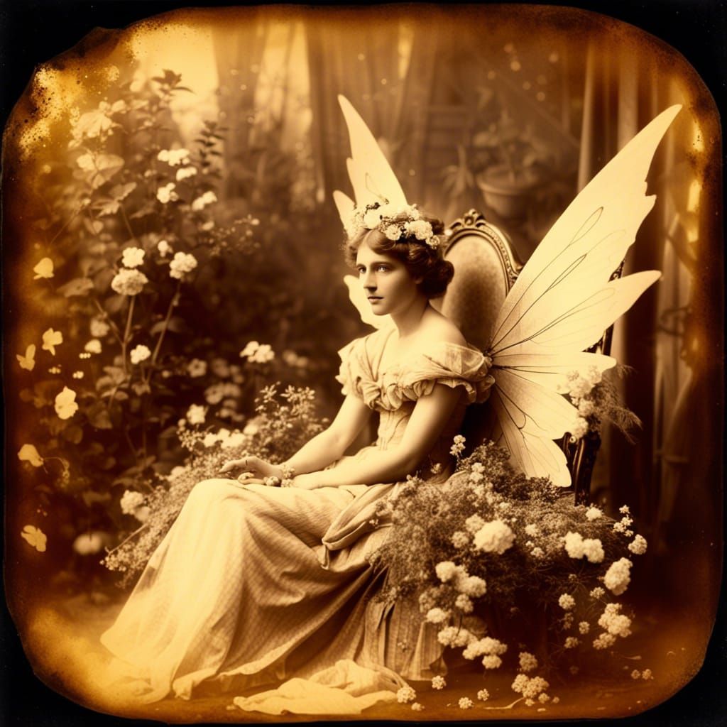 Winged Fairy Queen on Floral Throne in Sepia