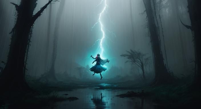 Ghostly Woman in Raining Forest, Splash Art