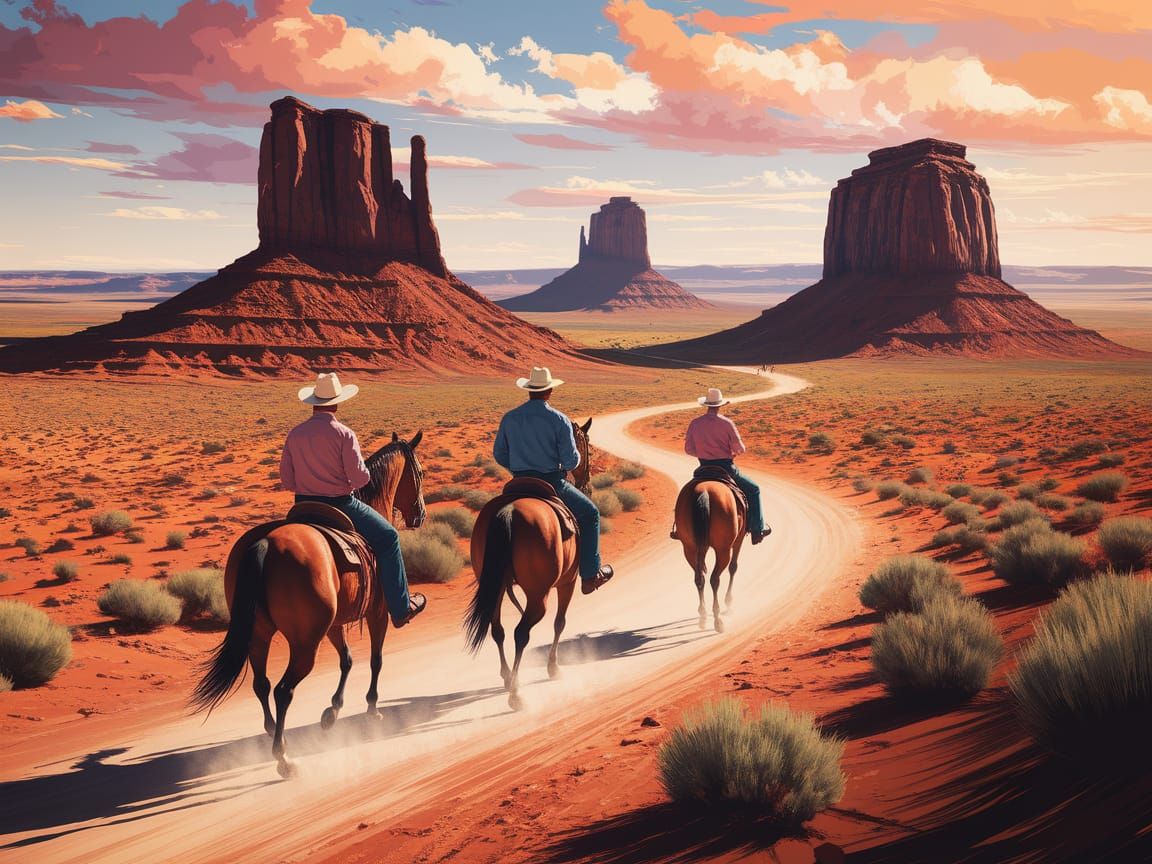 Cowboys on Horseback in Monument Valley Watercolor Style