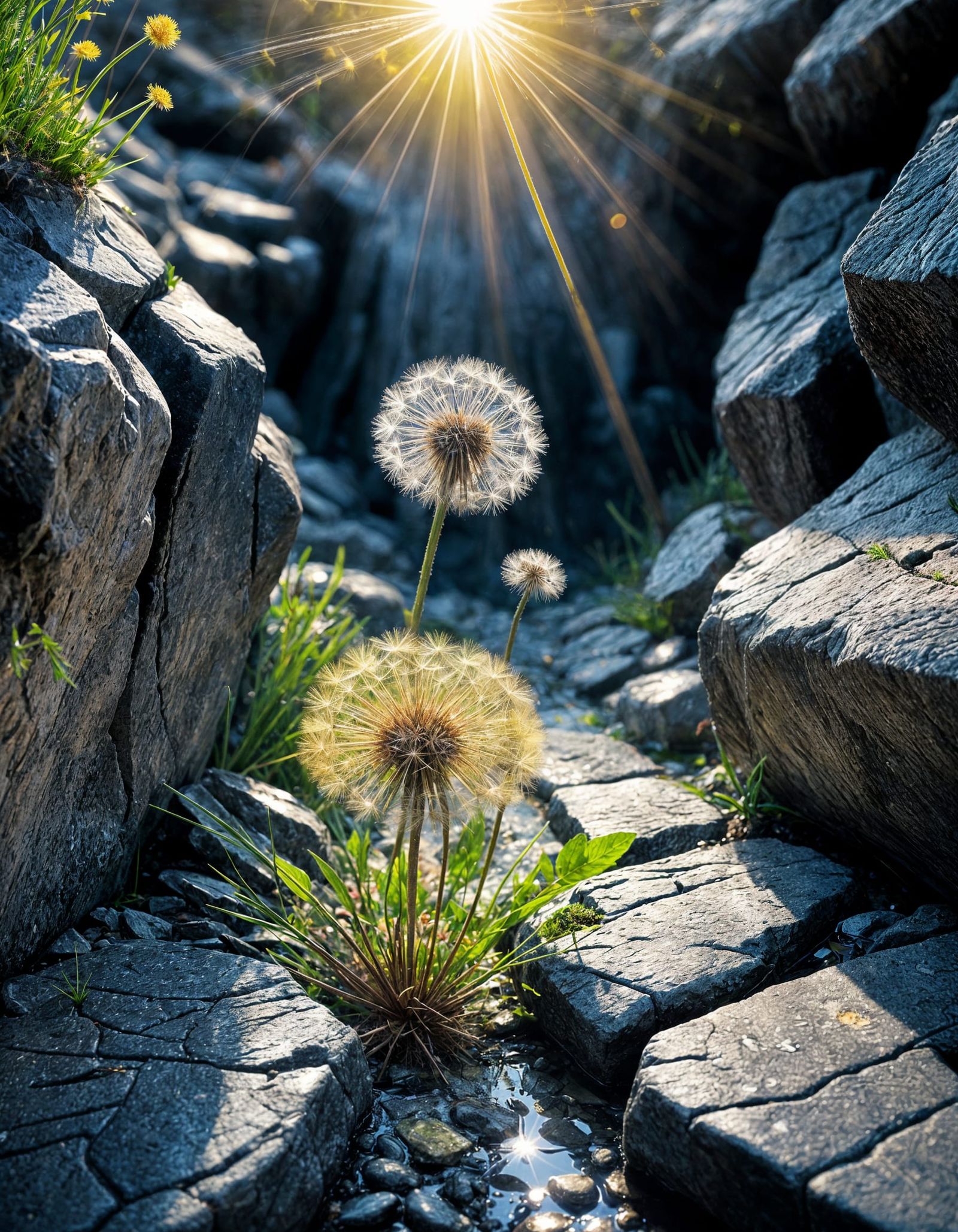 Dandelion Radiates Color in Rocky Cracks