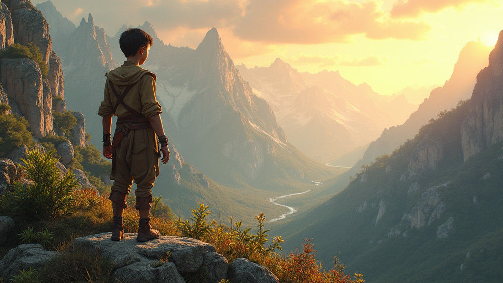 Boy on Mountain Gazing at Mystical Realm
