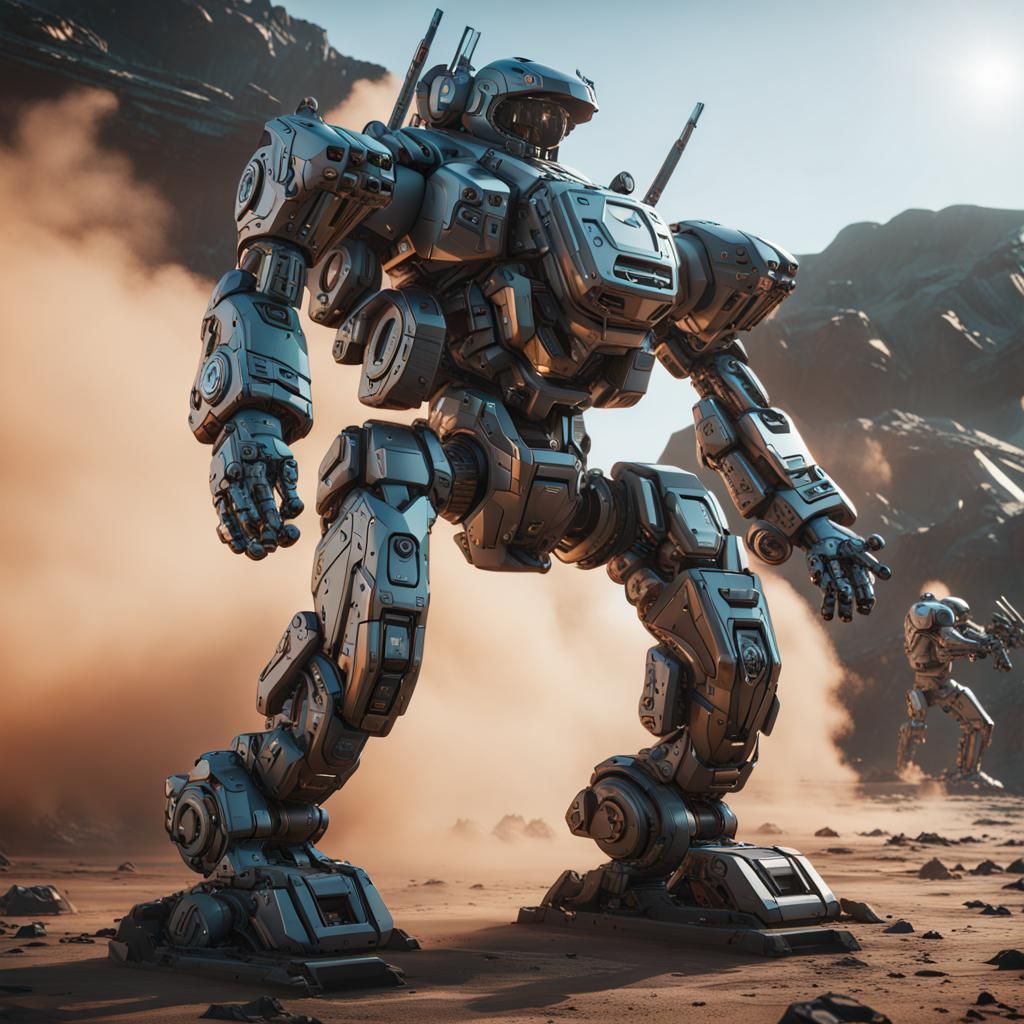 Army Men Driving Mechs in Sci-Fi Style