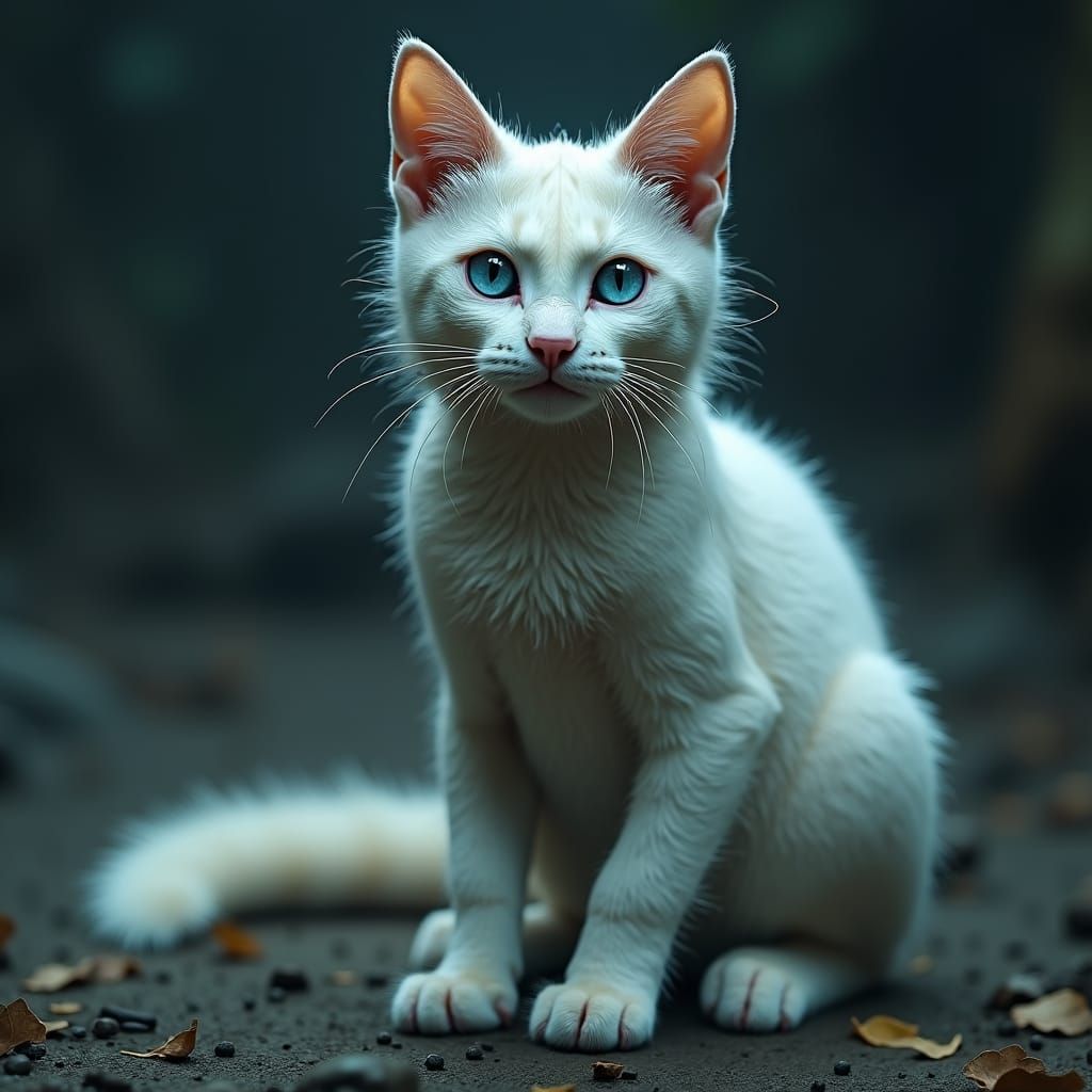 Reptilian White Cat with Blue Eyes, Cinematic Style