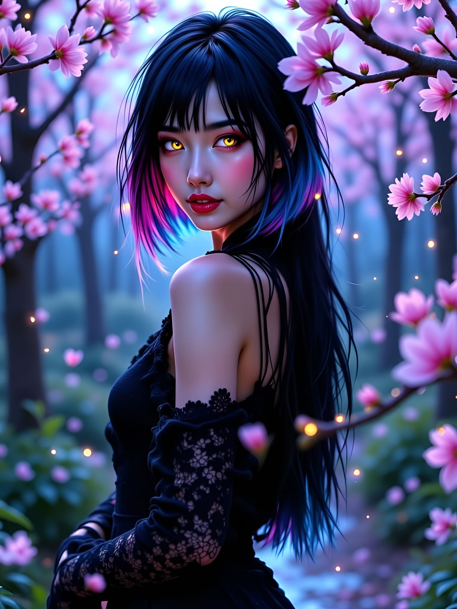 Surreal Goddess Amidst Cherry Blossoms in Whimsical Dreamsca...