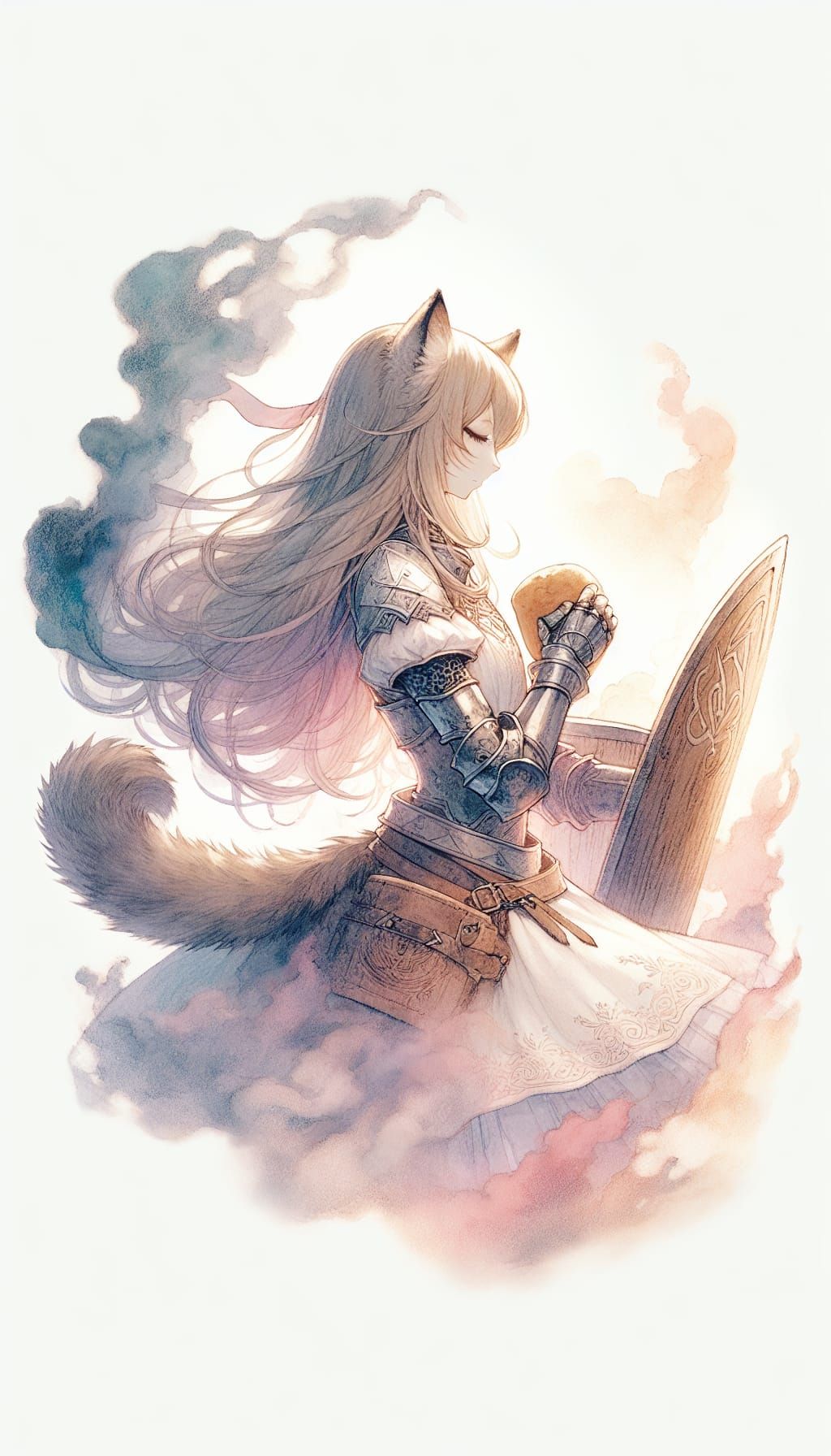 Whimsical Lynx Knight Holding a Soft Loaf of Bread in a Drea...