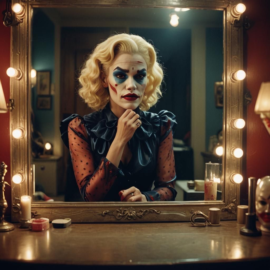 Melancholic Clown Reflection in Vintage Film Style