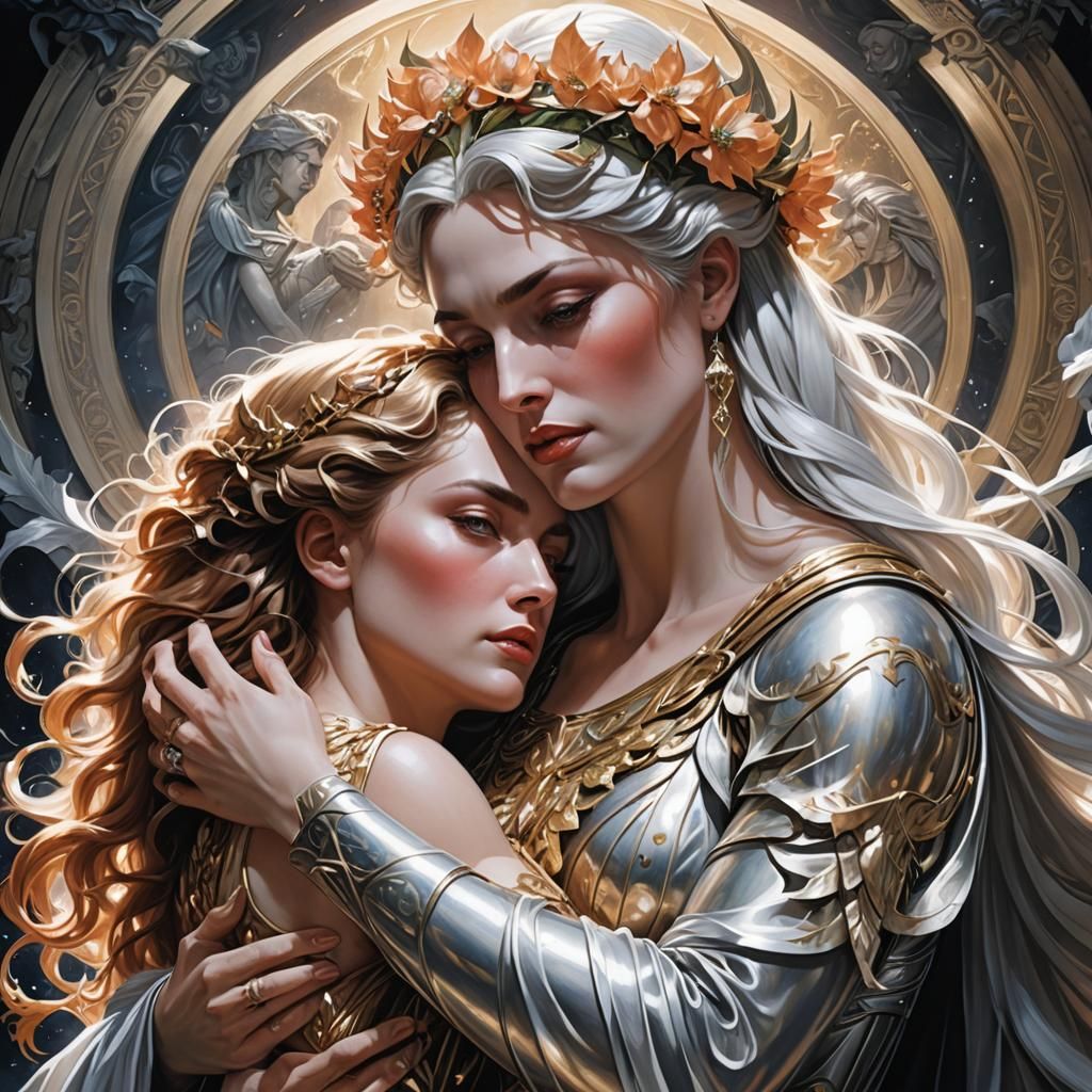 Gaia and Persephone Reunion in Painted Comic Style