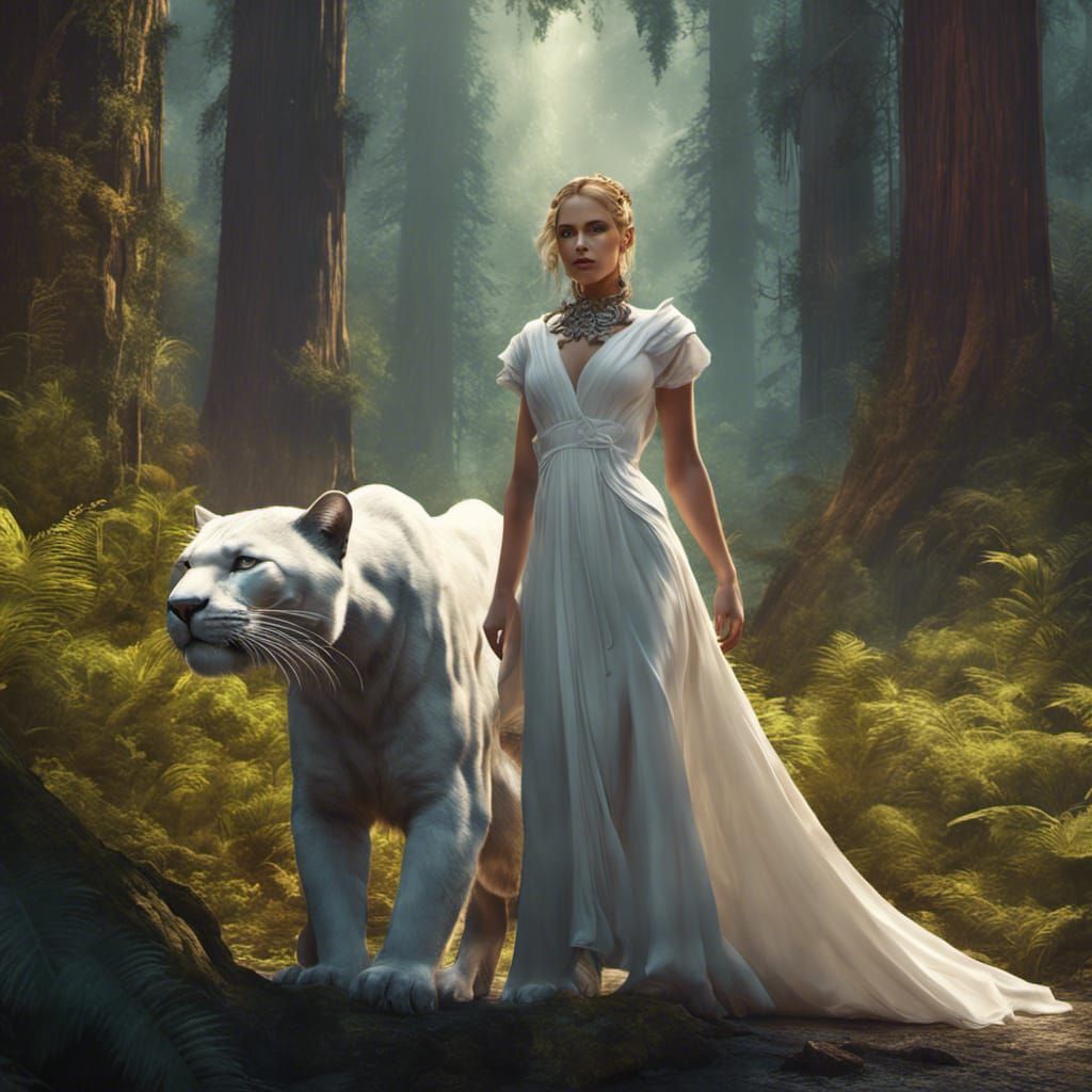 Woman and Panther in Redwood Forest: Fantasy Art