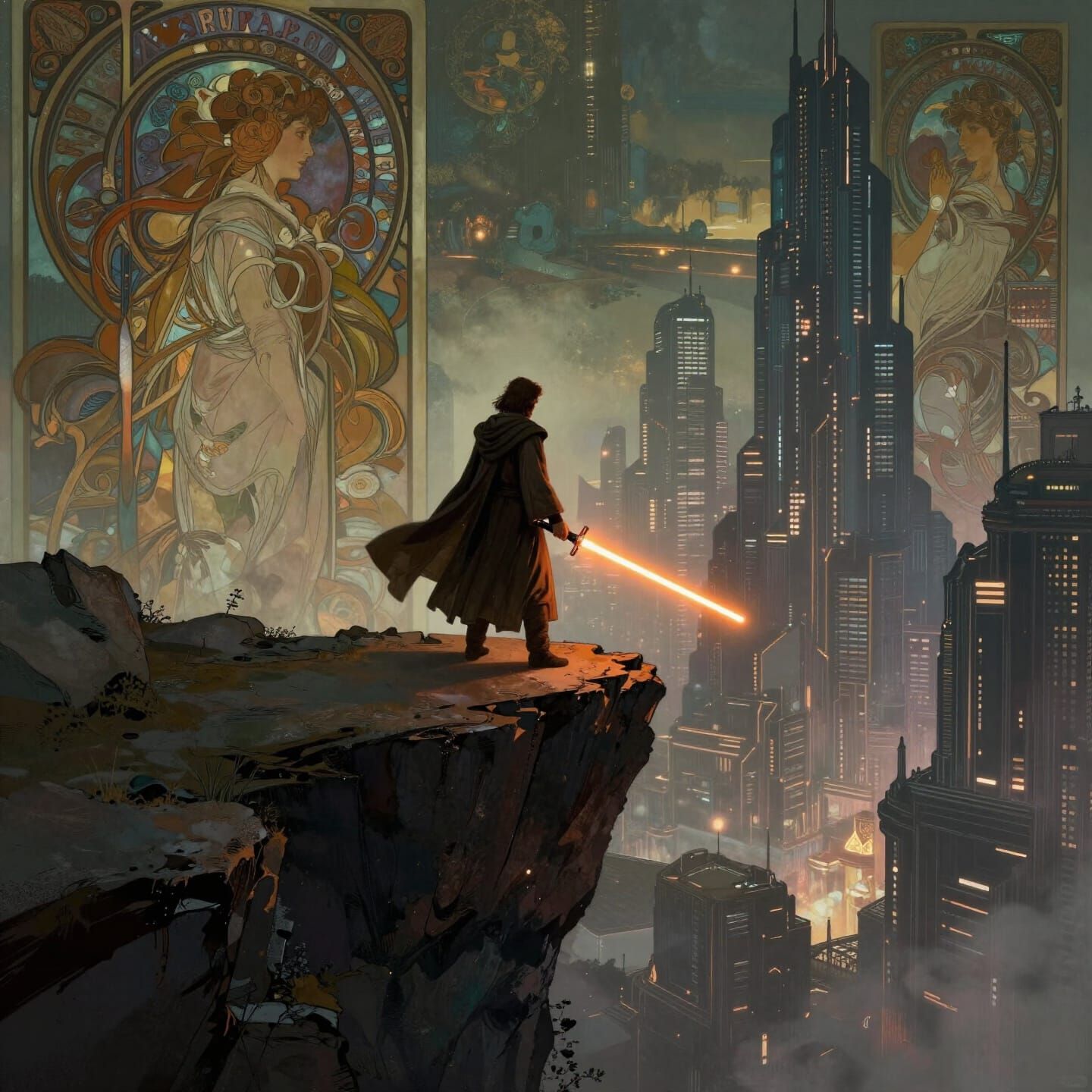 Jedi Knight Overlooks Cyberpunk Cityscape