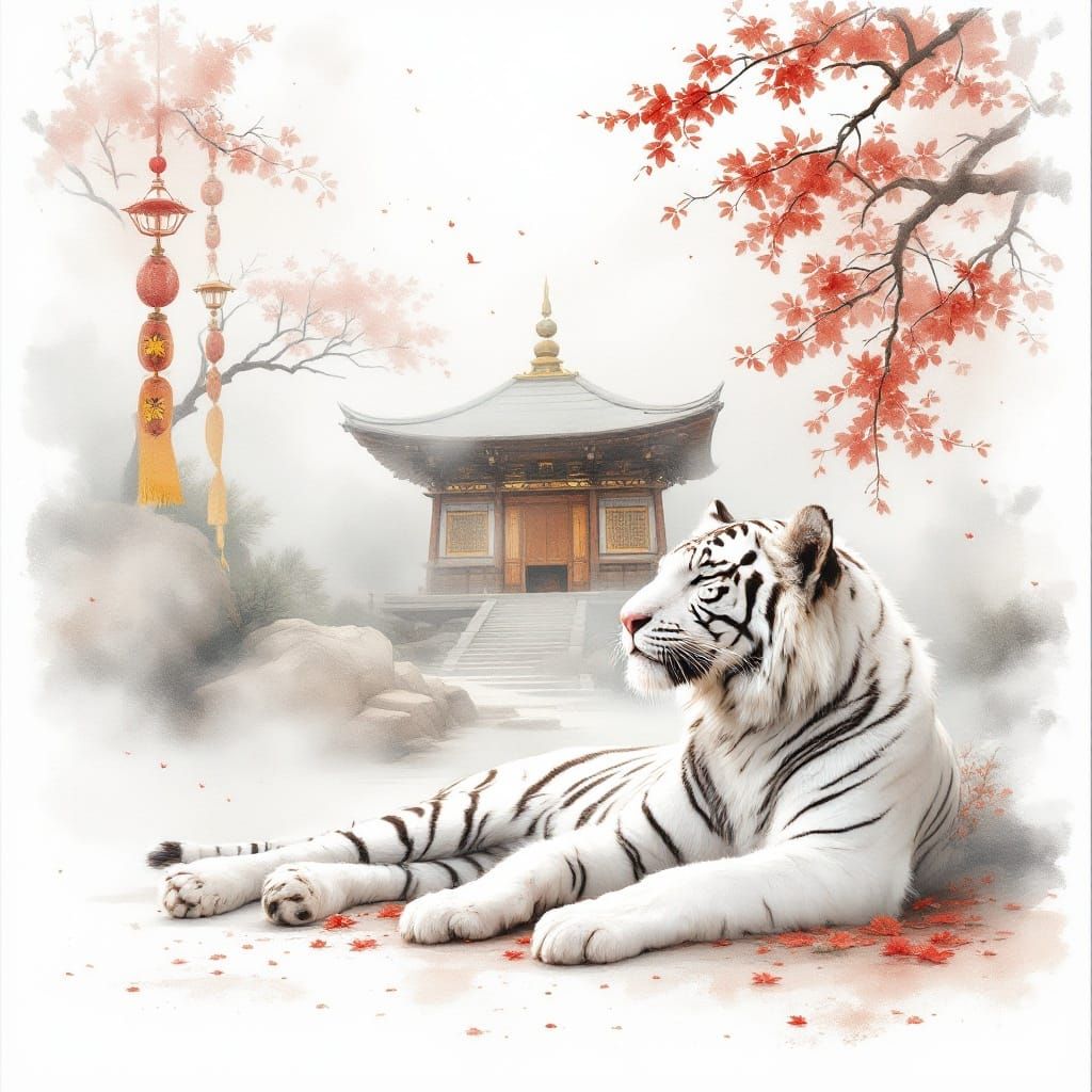 Mystical Japanese Temple at Dusk in Dreamlike Watercolor