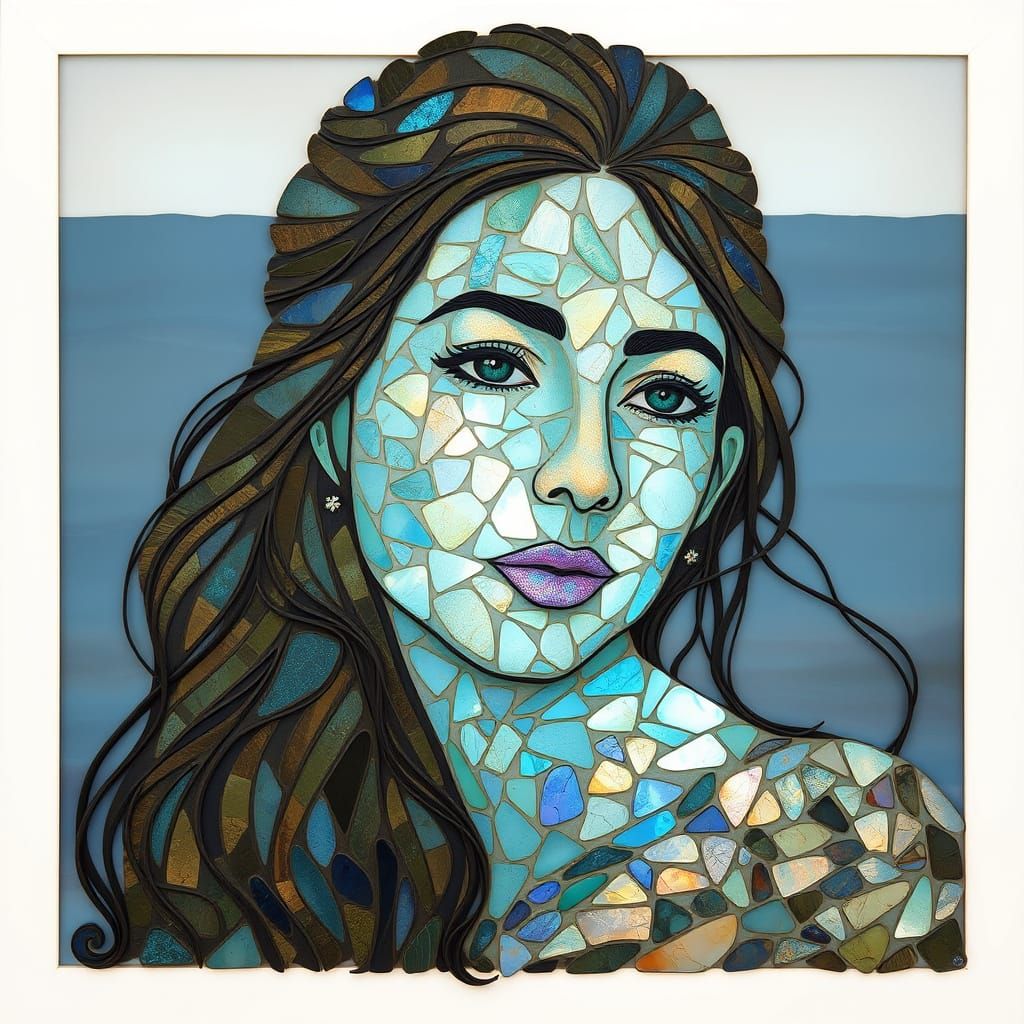 Woman Made of Iridescent Seaglass in Art Nouveau Style