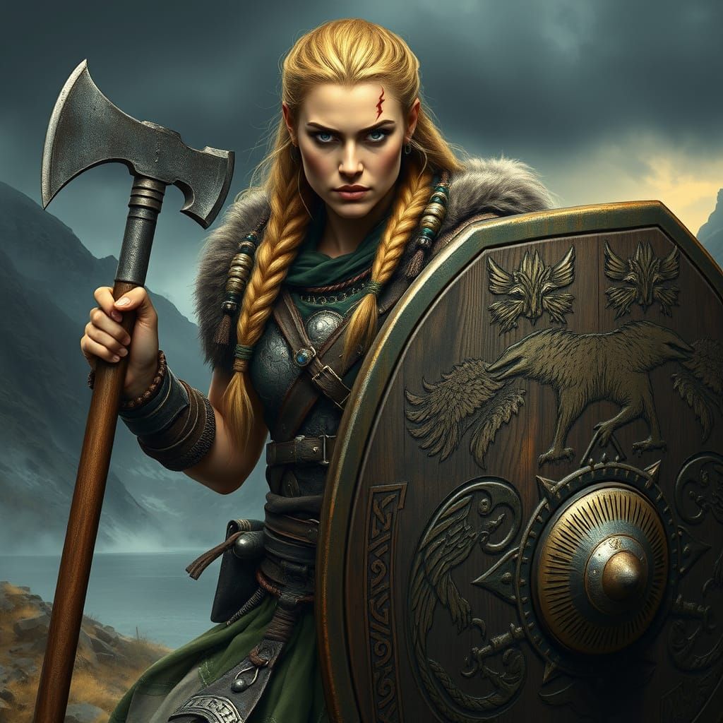 Regal Viking Shieldmaiden in Battle Stance