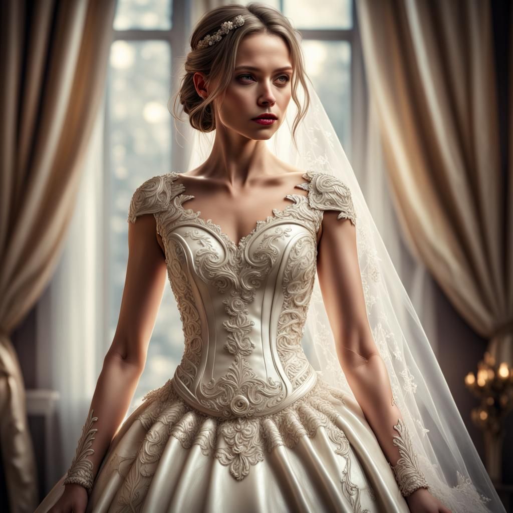 Elegant Bride in Ivory Leather Wedding Dress