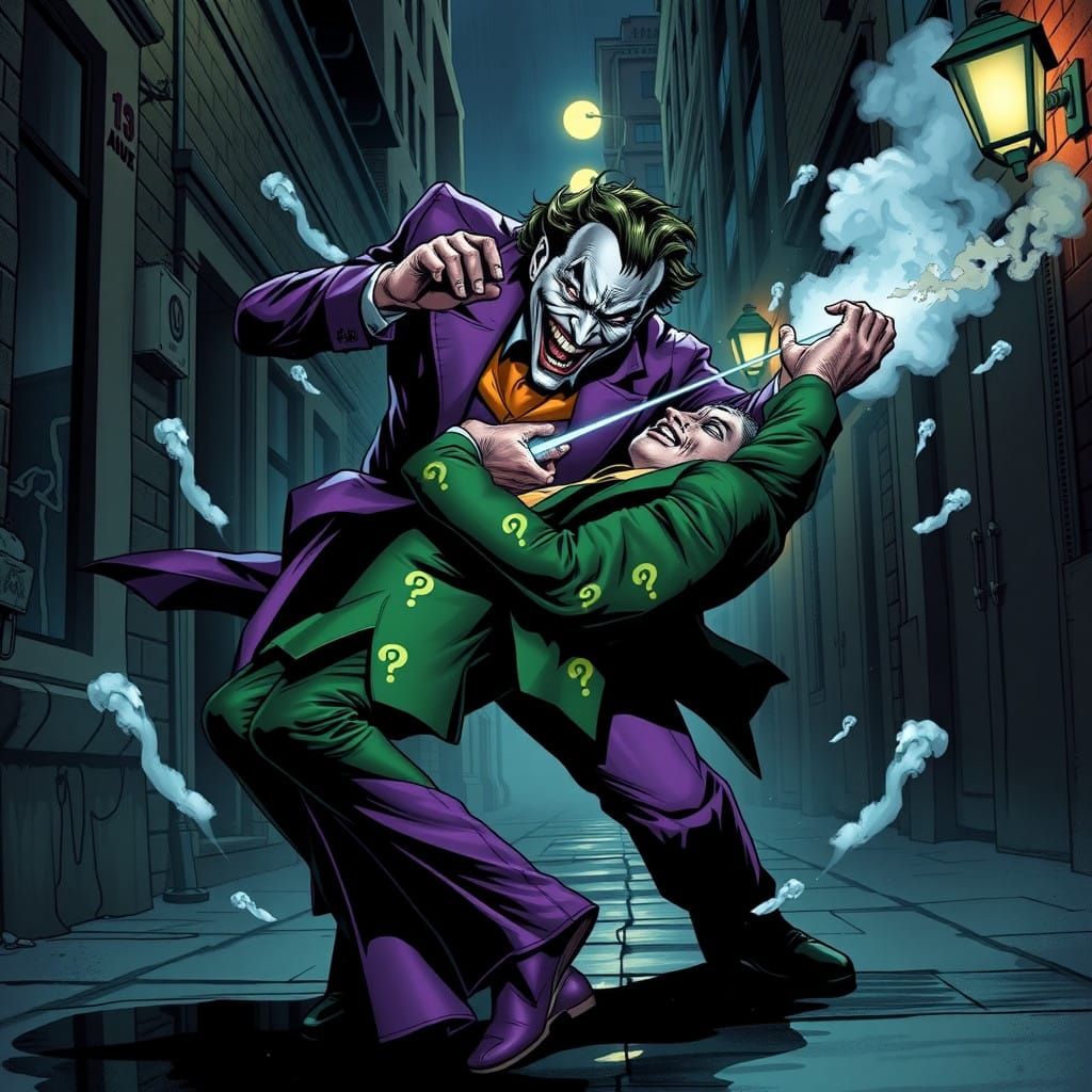The Joker Battles the Riddler in a Dark, Gothic Gotham City....