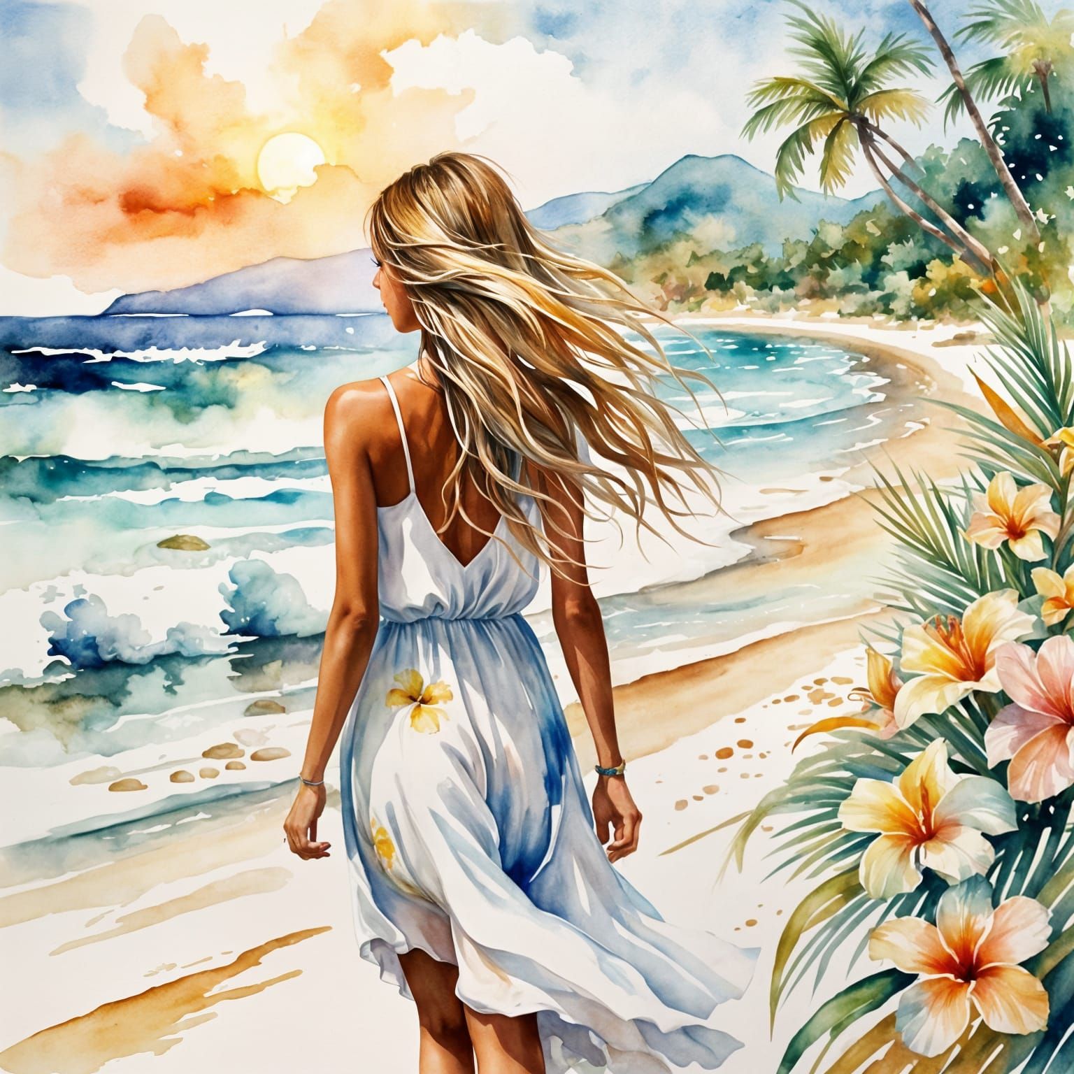 Woman on Tropical Beach in Watercolor Style