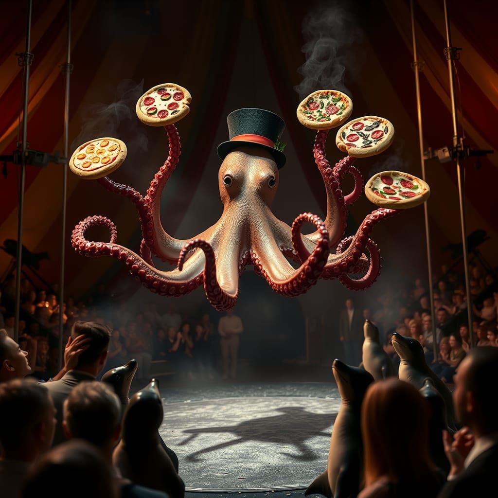 Octopus Circus Performer Juggling Pizzas: Cinematic Film Sti...